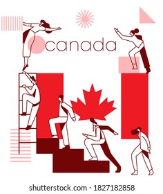 Group of office workers climbing the stairs of success with national flag and geometrical elements isolated on white background : Flag of Canada : Vector Illustration