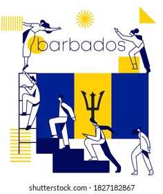 Grupo de oficinistas escalando las escaleras del éxito con la bandera nacional y elementos geométricos aislados en un fondo blanco: Bandera de Barbados: Ilustración vectorial
