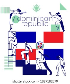 Grupo de oficinistas escalando las escaleras del éxito con la bandera nacional y elementos geométricos aislados en un fondo blanco: Bandera de República Dominicana: Ilustración vectorial