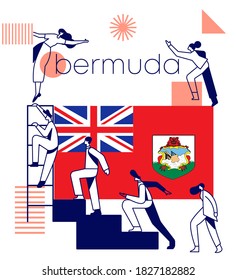 Group of office workers climbing the stairs of success with national flag and geometrical elements isolated on white background : Flag of Bermuda : Vector Illustration