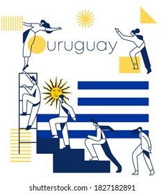 Group of office workers climbing the stairs of success with national flag and geometrical elements isolated on white background : Flag of Uruguay : Vector Illustration