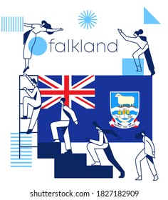 Group of office workers climbing the stairs of success with national flag and geometrical elements isolated on white background : Flag of Falkland : Vector Illustration