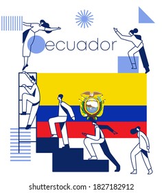 Gruppe von Büroangestellten, die die Erfolgstreppe mit nationaler Flagge und geometrischen Elementen einzeln auf weißem Hintergrund erklimmen: Flagge Ecuadors: Vektorgrafik