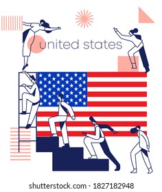 Group of office workers climbing the stairs of success with national flag and geometrical elements isolated on white background : Flag of United States : Vector Illustration