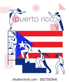 Group of office workers climbing the stairs of success with national flag and geometrical elements isolated on white background : Flag of Puerto Rico : Vector Illustration