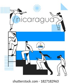 Group of office workers climbing the stairs of success with national flag and geometrical elements isolated on white background : Flag of Nicaragua : Vector Illustration