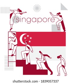 Gruppe von Büroangestellten, die die Erfolgstreppe mit nationaler Flagge und geometrischen Elementen einzeln auf weißem Hintergrund erklimmen: Flagge Singapurs: Vektorgrafik
