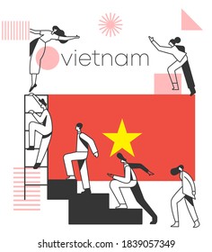 Group of office workers climbing the stairs of success with national flag and geometrical elements isolated on white background : Flag of Vietnam : Vector Illustration