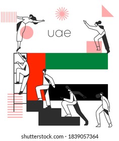 Group of office workers climbing the stairs of success with national flag and geometrical elements isolated on white background : Flag of UAE : Vector Illustration