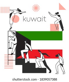 Group of office workers climbing the stairs of success with national flag and geometrical elements isolated on white background : Flag of Kuwait : Vector Illustration