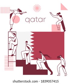Group of office workers climbing the stairs of success with national flag and geometrical elements isolated on white background : Flag of Qatar : Vector Illustration