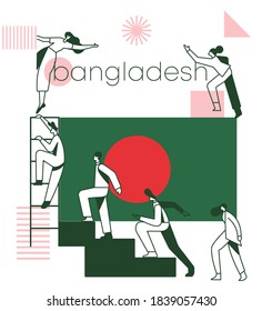 Group of office workers climbing the stairs of success with national flag and geometrical elements isolated on white background : Flag of Bangladesh : Vector Illustration