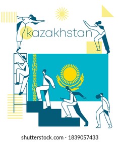 Group of office workers climbing the stairs of success with national flag and geometrical elements isolated on white background : Flag of Kazakhstan : Vector Illustration