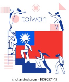 Gruppe von Büroangestellten, die die Erfolgstreppe mit nationaler Flagge und geometrischen Elementen einzeln auf weißem Hintergrund erklimmen: Flagge Taiwans: Vektorgrafik