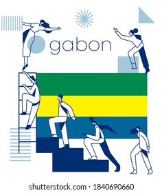 Group of office workers climbing the stairs of success with national flag and geometrical elements isolated on white background : Flag of Gabon : Vector Illustration