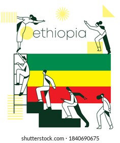 Group of office workers climbing the stairs of success with national flag and geometrical elements isolated on white background : Flag of Ethiopia : Vector Illustration