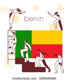 Group of office workers climbing the stairs of success with national flag and geometrical elements isolated on white background : Flag of Benin : Vector Illustration