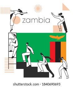 Grupo de oficinistas escalando las escaleras del éxito con la bandera nacional y elementos geométricos aislados en un fondo blanco: Bandera de Zambia : Ilustración vectorial