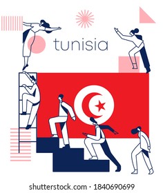 Group of office workers climbing the stairs of success with national flag and geometrical elements isolated on white background : Flag of Tunisia : Vector Illustration