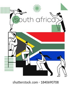 Grupo de oficinistas escalando las escaleras del éxito con la bandera nacional y elementos geométricos aislados en un fondo blanco: Bandera de Sudáfrica : Ilustración vectorial