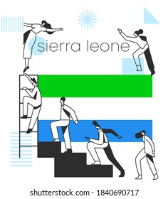 Group of office workers climbing the stairs of success with national flag and geometrical elements isolated on white background : Flag of Sierra Leone : Vector Illustration