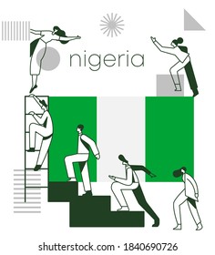 Group of office workers climbing the stairs of success with national flag and geometrical elements isolated on white background : Flag of Nigeria : Vector Illustration