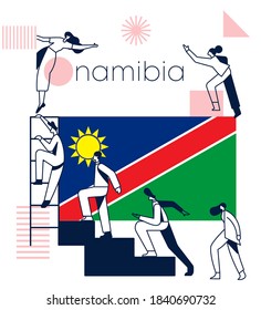 Grupo de oficinistas escalando las escaleras del éxito con la bandera nacional y elementos geométricos aislados en un fondo blanco: Bandera de Namibia : Ilustración vectorial