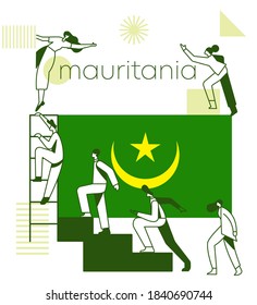 Grupo de oficinistas escalando las escaleras del éxito con la bandera nacional y elementos geométricos aislados en un fondo blanco: Bandera de Mauritania : Ilustración vectorial