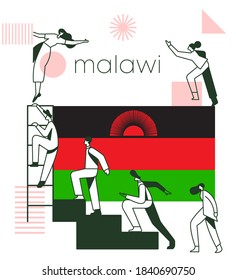 Gruppe von Büroangestellten, die die Erfolgstreppe mit nationaler Flagge und geometrischen Elementen einzeln auf weißem Hintergrund erklimmen: Flagge Malawis: Vektorgrafik
