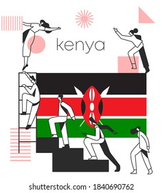 Group of office workers climbing the stairs of success with national flag and geometrical elements isolated on white background : Flag of Kenya : Vector Illustration