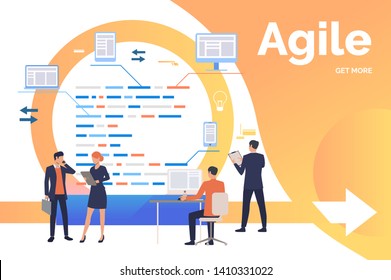 Group of office workers collaborating on tasks. Cycle arrow, development, process. Business concept. Vector illustration can be used for presentation slides, landing pages, posters