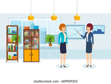 Group of office workers. Colleagues discuss financial situation of company, based on analysis, statistics and graphics depicted at presentation stand. Vector illustration isolated in cartoon style.