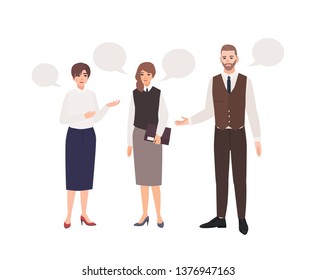 Group of office workers or colleagues talking to each other and speech bubbles. Dialog between clerks. Professional conversation at work, formal negotiation. Flat cartoon vector illustration.