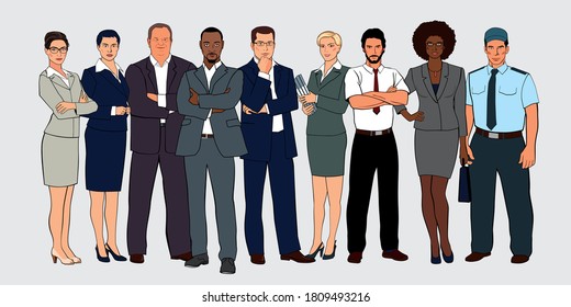 A group of office workers of different nationalities. Vector graphics in the style of pop art