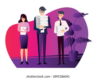 A group of office workers, with different stacks of paper, part of the concept for dividing tasks. Vector illustration with purple and pink background.