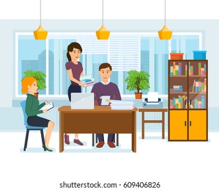 Group of office workers. The guy works at the computer, signs the documents that brought a colleague, alongside the partner fixes notes in the notebook. Vector illustration isolated in cartoon style.