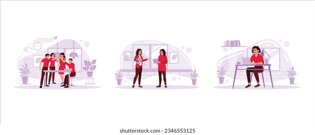 Group office workers, happy business people collaborating, young women working in a modern office. The atmosphere in the office concept. Set Trend Modern vector flat illustration