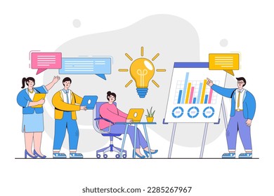 Group office workers have dialogue and communicate at workplace between colleagues. Coworking analyse and develop business strategy. Outline design style minimal vector illustration for landing page.