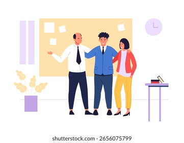 Grupo de trabalhadores de escritório se abraçando celebrando o trabalho em equipe bem-sucedido em pé junto ao quadro de avisos com notas. Trabalho em equipe, cultura positiva no local de trabalho. Ilustração de vetor plano.