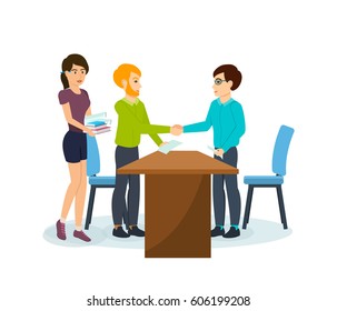 Group of office workers. Partners are discussing at table a future deal teamwork and partnership, girl colleague is standing next with documents in hand. Vector illustration isolated in cartoon style.
