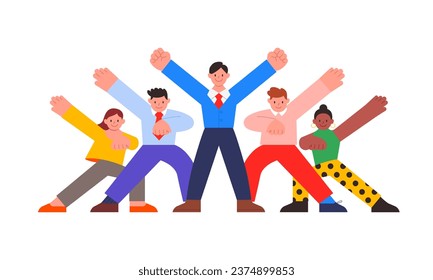 Group of office workers posing, Business people team up raised hands together to collaborate or celebrate, team work concept, Conceptual illustration