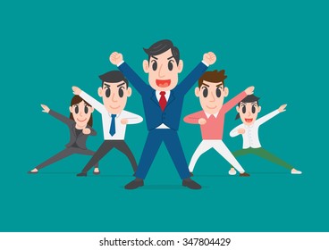 Group Of Office Workers Posing, Business People Team Up  Raised Hands Together To Collaborate Or Celebrate, Team Work Concept, Conceptual Illustration