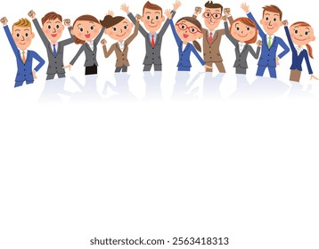 A group of office workers are posing in front of a white desk
