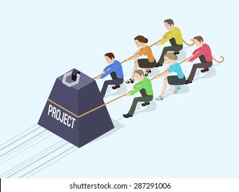 Group of office workers pushing the giant weight with the Project inscription. Conceptual illustration suitable for advertising and promotion