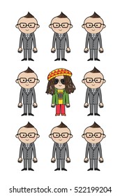 Group of office workers and rastafarian.
