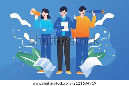 A group of office workers are recruiting talent with loudspeakers, business office people, vector illustration