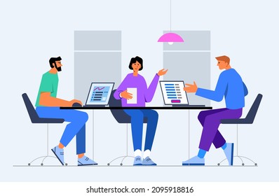 A group of office workers sit at desks and chat or talk to each other. Conversations or conversations between colleagues or clerks at the workplace. Flat cartoon colorful vector illustration.