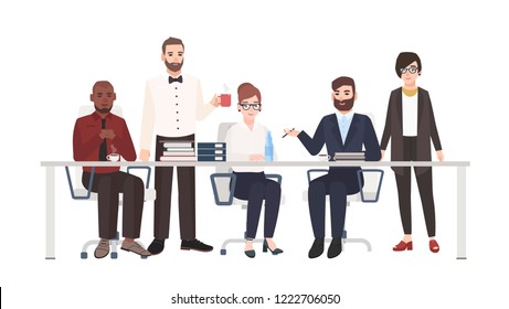 Group of office workers sitting at desk and talking. Male and female clerks taking part in business discussion, work meeting, negotiation. Colorful vector illustration in modern flat cartoon style.