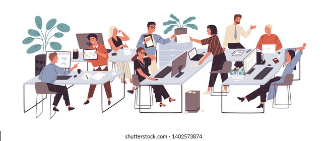 Group of office workers sitting at desks and communicating or talking to each other. Dialogs or conversations between colleagues or clerks at workplace. Flat cartoon colorful vector illustration.