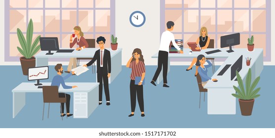 Group of office workers sitting at desks and communicating with the customers and talking to each other. Business conversations between colleagues at the workplace. Flat cartoon vector illustration.